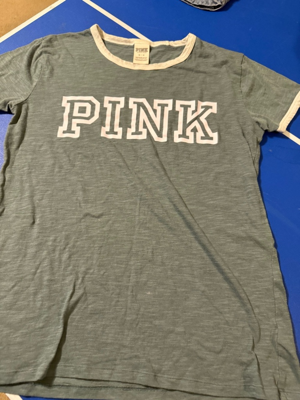 Victoria's Secret PINK Sage Green Ringer Tee with White Trim